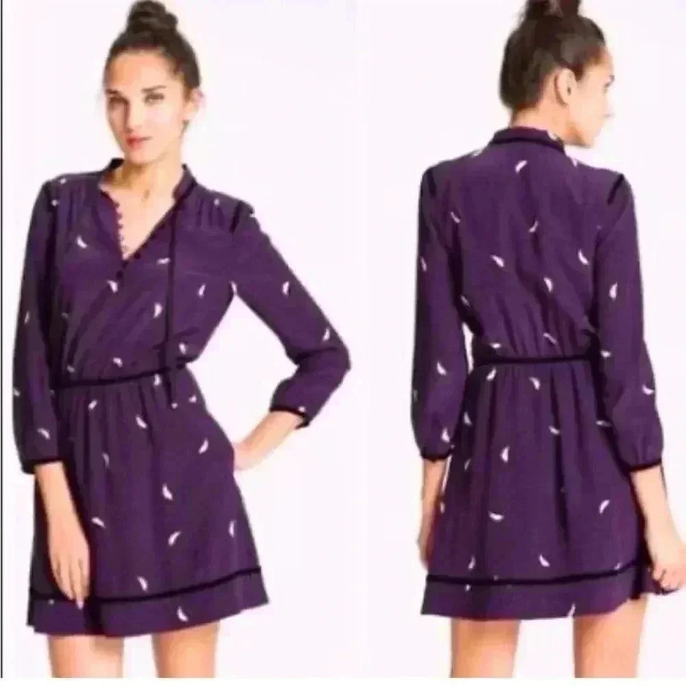 Juicy Couture Women’s Long Sleeve 100% Silk Purple Dress Feather Trimmed Sz 8 - Picture 3 of 8
